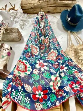 Flower power hippy halter cover up tunic top w granny farmhouse beach vibe